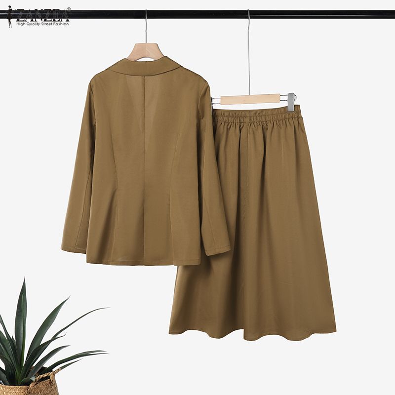 ZANZEA Womens Cardigan Blazer Blouse and Long Skirts Fashion Two Piece Suit Sets