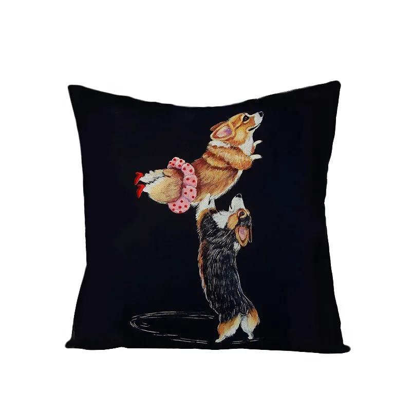 Animal Printed Cute Dog Cushion Cover Linen Poppy Throw Pillow Cover Decorative Sofa Pillow Case Pillowcase 45X45Cm