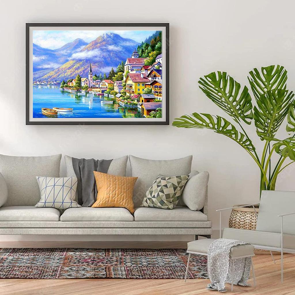 5D DIY Diamond Painting Lakeside Town Cross Stitch Kit Mosaic Diamond Embroidery Rose Full Round/Square Drill Home Decoration