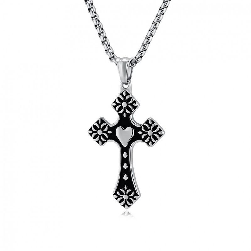 Retro Personalized Love Shaped Cross Pendant Necklace Titanium Steel Trendy Punk Hip Hop Accessories