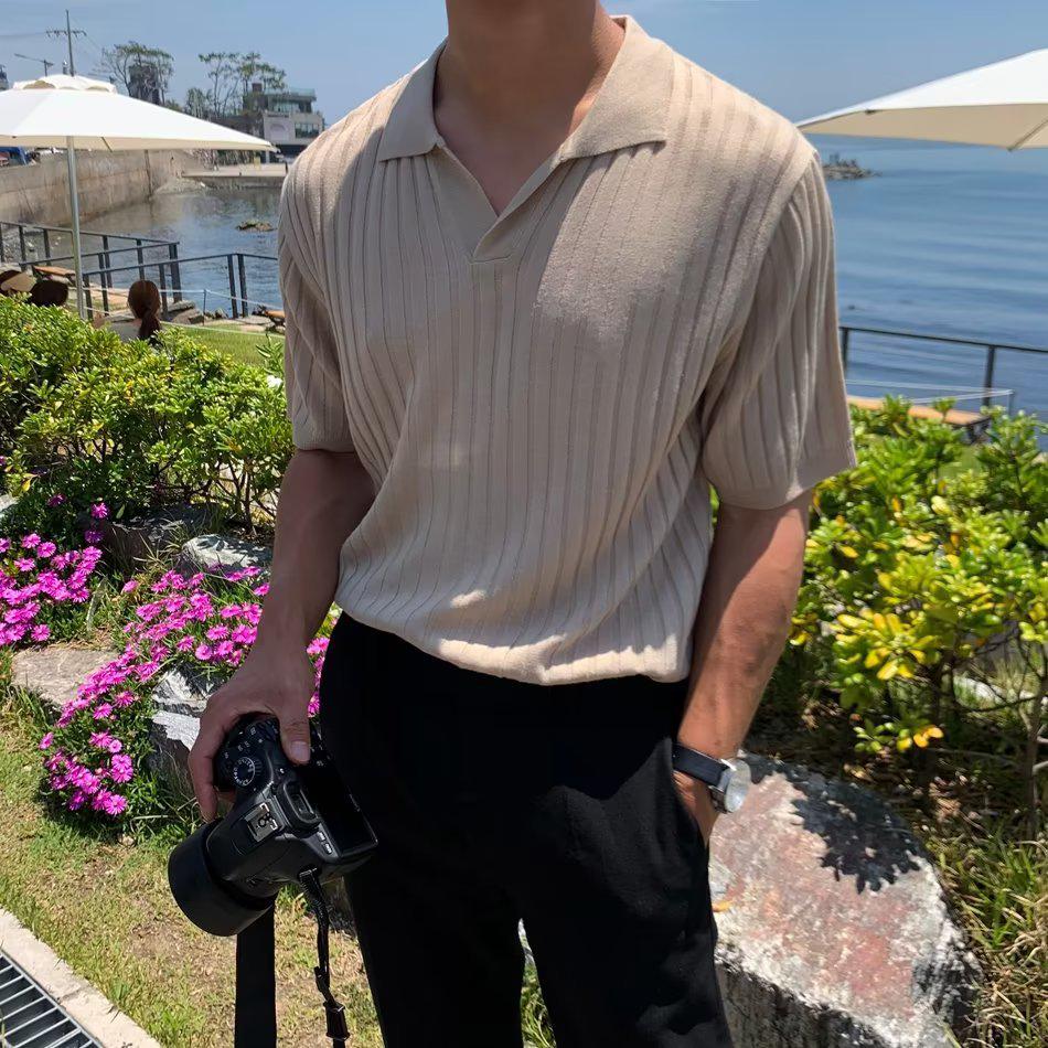 Striped Summer Knit Elastic Polo - Loose Fit Short Sleeve Shirt