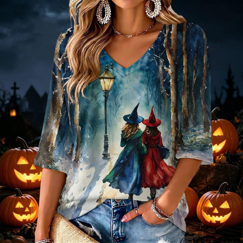 Women's V-Neck Halloween Print Lightweight Top for Spring and Summer