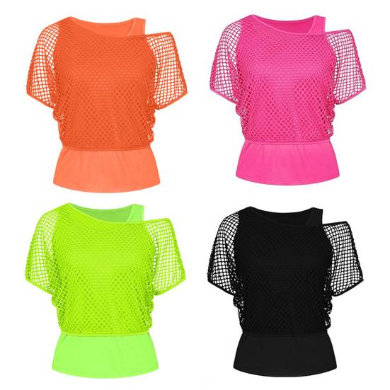 Damen 80er 90er Neon Party Outfit Sexy Netz-Einteiler mit einer Schulter T-Shirt Handschuhe Bündchen Beinwärmer für Mottoparty Karneval Kostüm