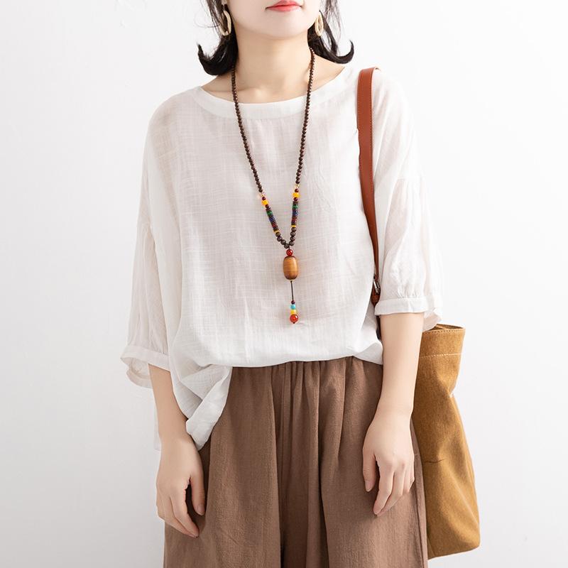 Women's Oversized Casual T-Shirt - Batwing Sleeve Drawstring Hem Round Neck Mid-Sleeve Top, Loose Fit Summer Blouse, Comfortable Wear