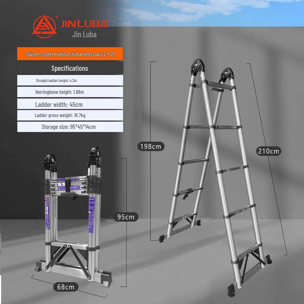 Jinluba Aluminum Telescopic A-Frame Ladder - Thickened, Stainless Steel, Bamboo Joint, for Household & Engineering Use