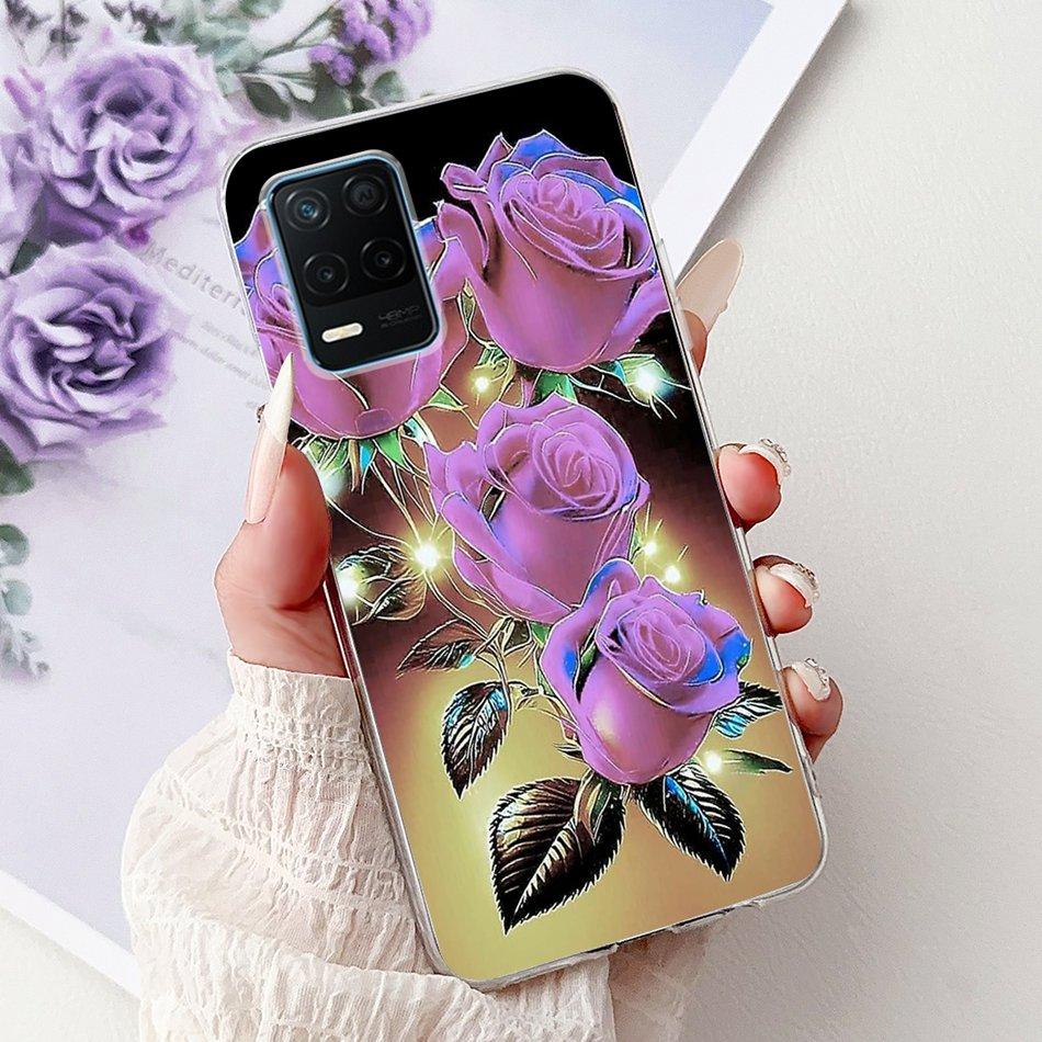 Pro telefon Realme 8 5G RMX3241 Pouzdro na telefon Realme8 5G Elegantní Květinový Potisk Kočky Měkký Silikon Průhledné TPU Pouzdra