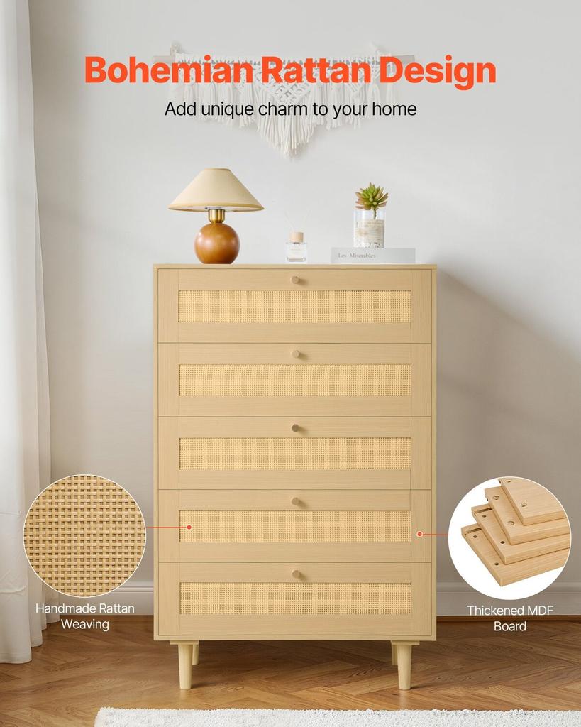 5-Schubladen Rattan Kommode, Moderne Schrankkommode für Schlafzimmer, Natürliche Rattan Kommode mit Metallgriffen & Holzbeinen, Kleideraufbewahrungskommode