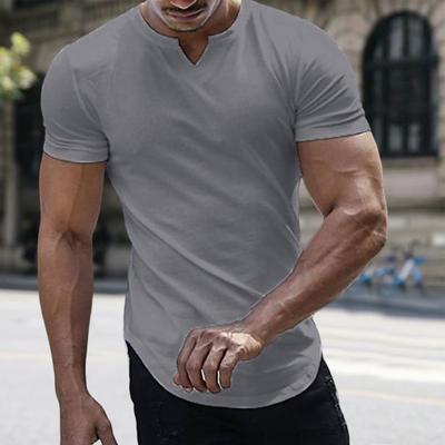 T-shirt da uomo a maniche corte con scollo a V e orlo curvo, estiva, tinta unita, semplice, streetwear