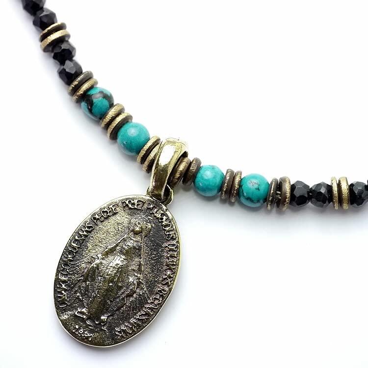 Silver One se Virgin Mary Necklace with Miraculous Medal, Turquoise, and Black Spinel [43cm Long] Natural Stone Beads for Men