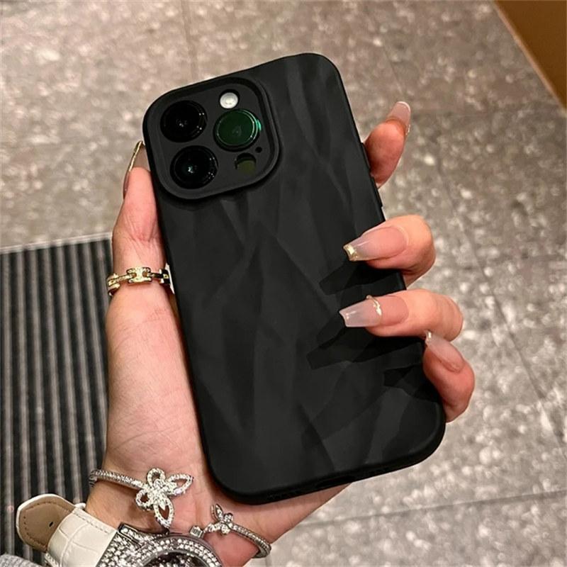 

Модный силиконовый складной чехол для телефона с морщинами для iPhone 14 13 12 11 15 Pro Max SE X XS XR 8 7 Plus, мягкий яркий цвет, полное покрытие For iPhone14 Pro Max чёрный