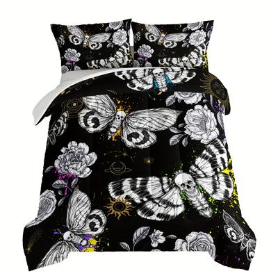 3pcs Fashion Comforter Set Halloween Horror Theme Death Moth Skull Print Bedding Set Soft And Comfortable Light Beige-friendly