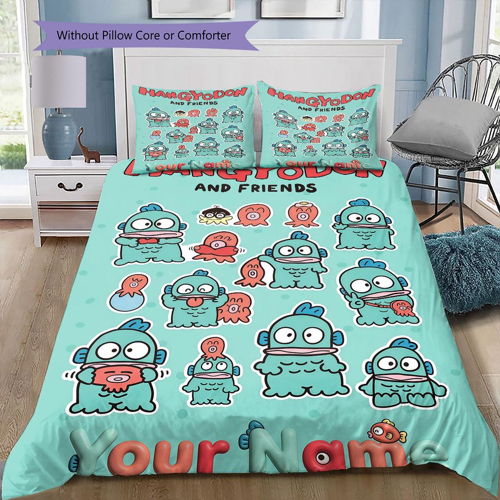 Custom Name,Cartoon Keroppi Hangyodon Series Pattern Bedding Home Decoration Birthday Gift ( 1 duvet cover + 2 pillowcase, without core),fan merchandi