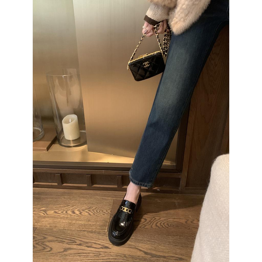 Grape Mother Has the Same Style, Spring British Style with One Pedal, Fringed Thick Heel Thick Sole Heightening Loafers, Black Small Leather Shoes.