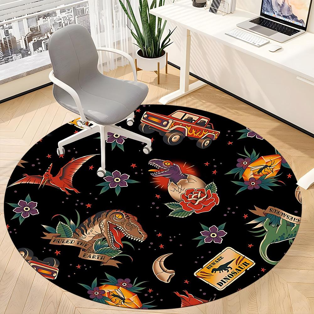 1PC Dinosaur Floral Office Round Area Rug, Mat Suitable For Office, Under Office Chairs Bedroom Living Room Home Decor, Room Deco