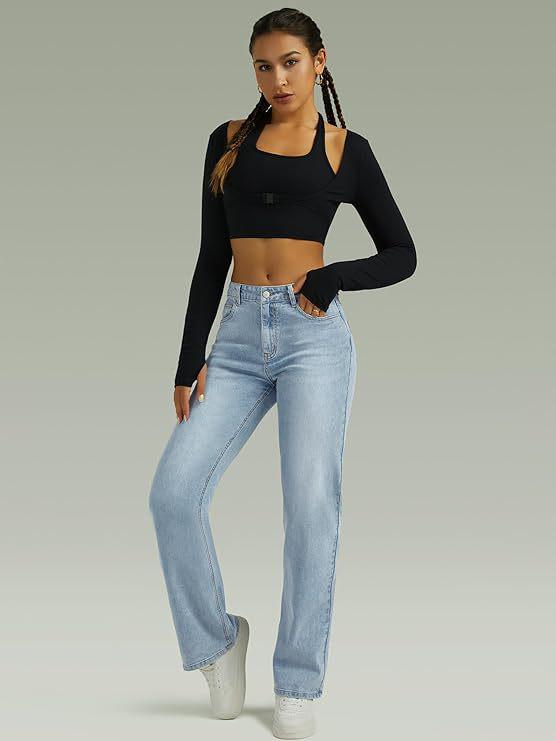 Women's High-Waisted Retro Straight-Leg Jeans - Slimming Loose Fit, Petite Floor-Length