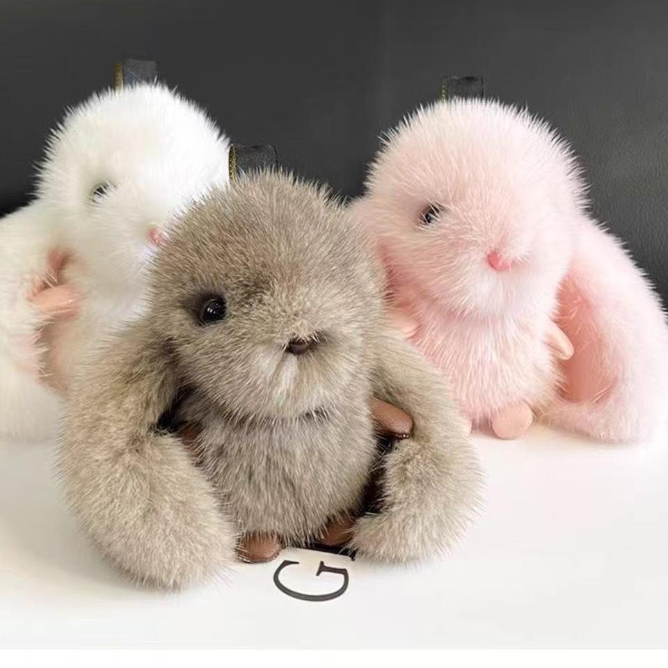 Cute Fluffy Rabbit Ring Plush Pompon Bunny Bag Pendant For Girls Car Jewelry Gifts Bag Charm