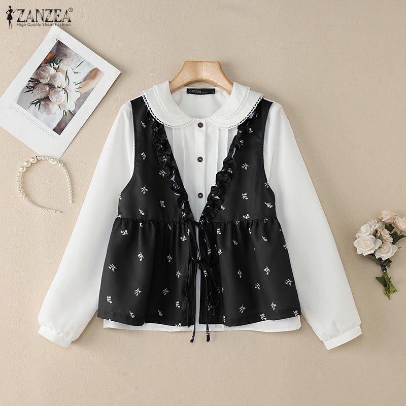 ZANZEA Women Casual Doll Collar Loose Long Sleeve Patchwork Blouse