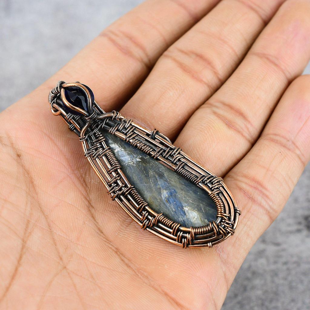 Kyanite Rough and Blue Sapphire Gemstone Pure Copper Wire Wrap Handmade Jewelry Pendant
