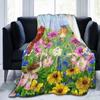 Blue Bird Pink Peach Flower Retro Printed Flannel Blanket Soft Throw Blanket for Bed Living Room Couch Sofa King Queen Size Warm