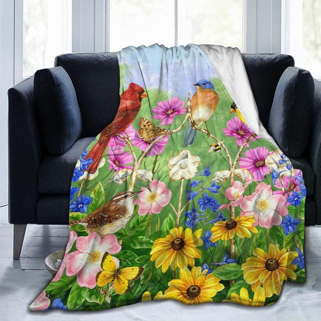 Blue Bird Pink Peach Flower Retro Printed Flannel Blanket Soft Throw Blanket for Bed Living Room Couch Sofa King Queen Size Warm