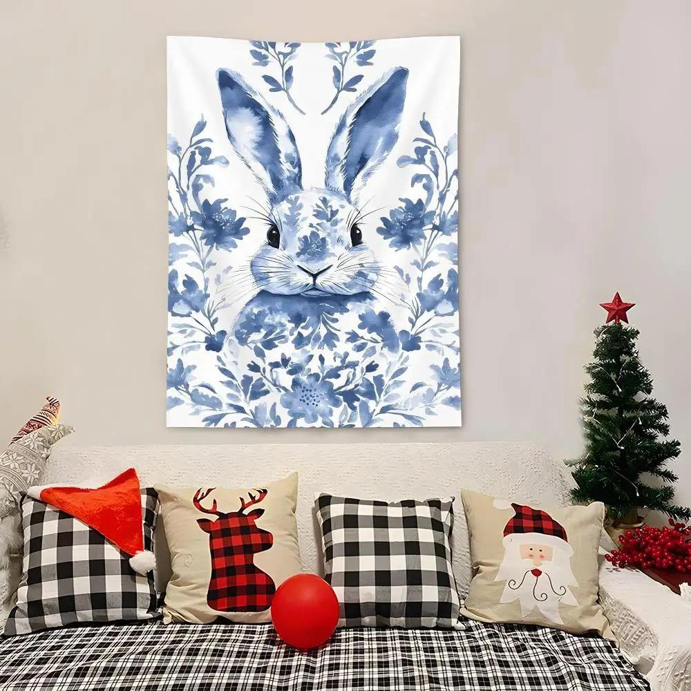 1pc Blue Bunny Easter Egg Tapestry 2D Single Print Elegant Home Decor Soft Accessory Charming Functional HolidayThemed Durable
