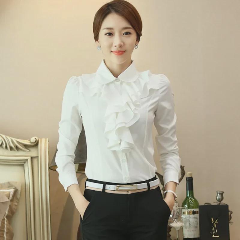 Spring Korean Style Doll Collar Ruffled White Chiffon Long Sleeve Slim Fit Women's Shirt