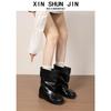 Square Head Retro Bow Thick-Soled Ballet Short Boots Slim Big Tube Circumferential Straight Western Cowboy Boots Sleeve Medium Tube