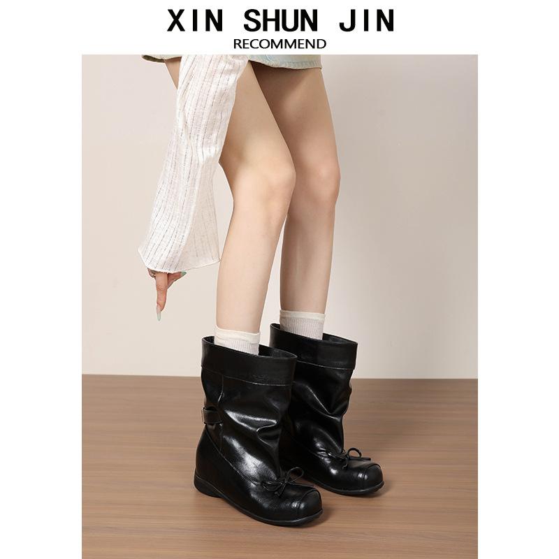 Square Head Retro Bow Thick-Soled Ballet Short Boots Slim Big Tube Circumferential Straight Western Cowboy Boots Sleeve Medium Tube