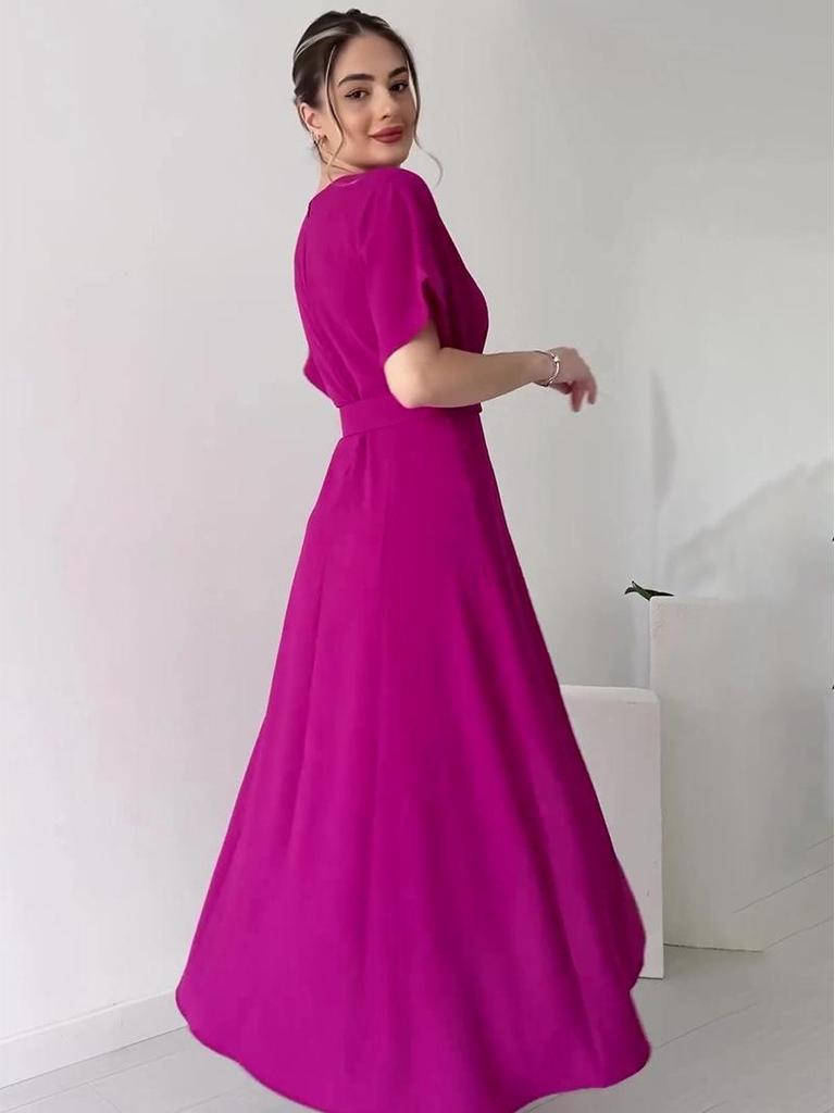 European & American Solid Color Round Neck Short Sleeve Slim Fit Long Dress with Waist Belt