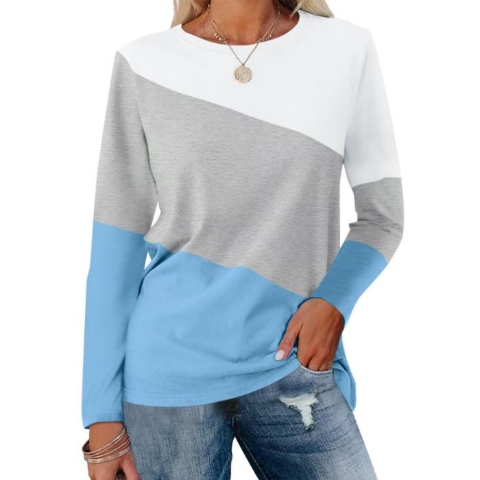 Fashion Color Blocked Long Sleeved Top with Personalized Contrasting Design for Women's Casual T-shirts