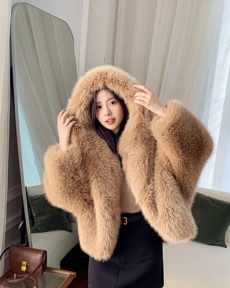 Women's Winter Eco-Friendly Faux Fox Fur Hooded Coat, Korean-Style Fluffy Warm Coat