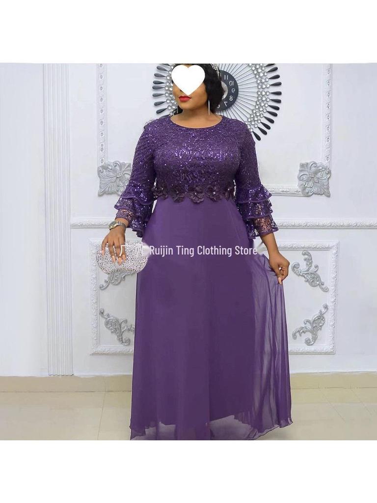 African European Women's Plus Size 2023 New Lace Heavy Work Chiffon Dress