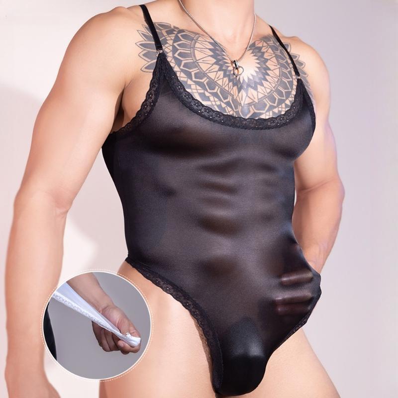 Men Sexy Bodysuit Open Crotch Tights Hip Lift Smooth Ultra-Thin Erotic Underwear Elastic Lace Crossdressing Sissy Lingerie
