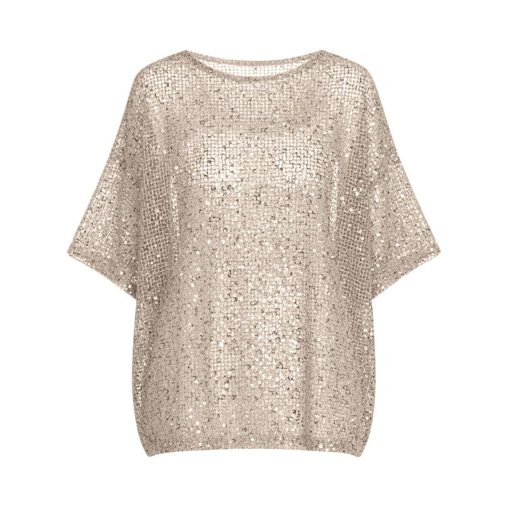 Womens Spring Tops Loose Fit Sequin Blouse Summer Shirts for Women Casual Crewneck Short Sleeve Womens Summer Shirts