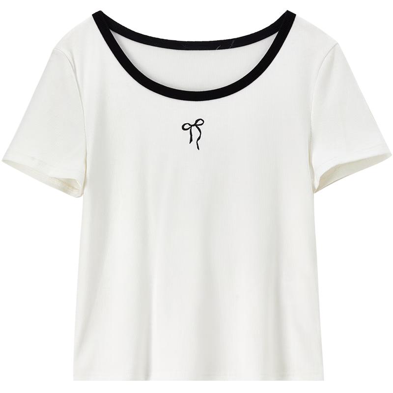 Shangdoubila Contrast U-Neck Bow Embroidered Knit Top