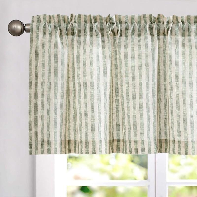 Linen Blend Flat Panel Striped Curtain Kitchen Dining Living Room Short Window Treatment Rod Pocket