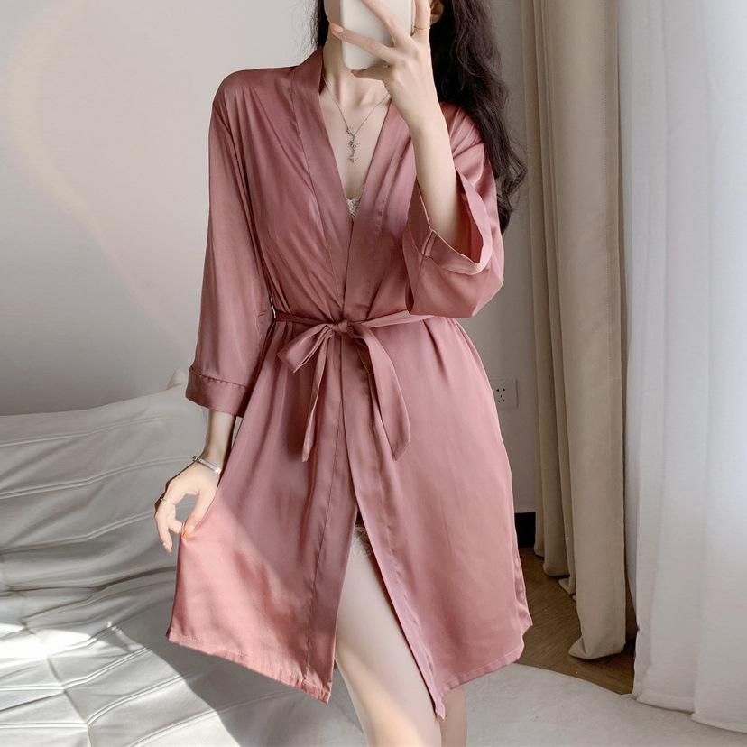Women's Ice Silk Satin V-Neck Pajama Set - Three-Piece with Spaghetti Straps, Shorts, Robe, and Breast Pads