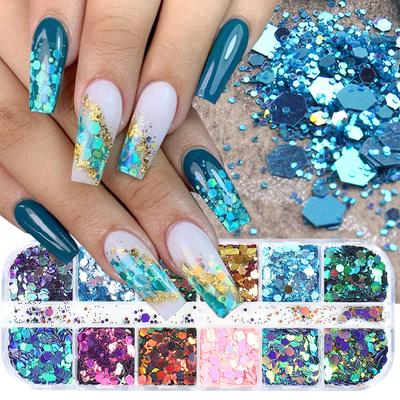 12 rutenett/boks Chameleon Nail Paljetter Flakes Gradient Farge Negletilbehør Negle Art Decoration