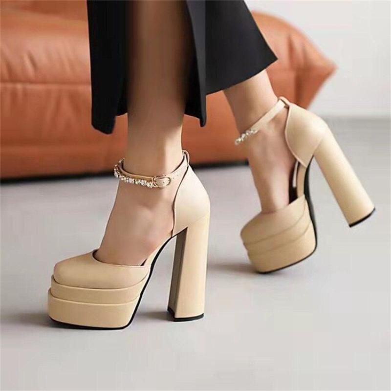 Summer thick heel water table bag head hollow high heel sandals women's word with rhinestone satin hels