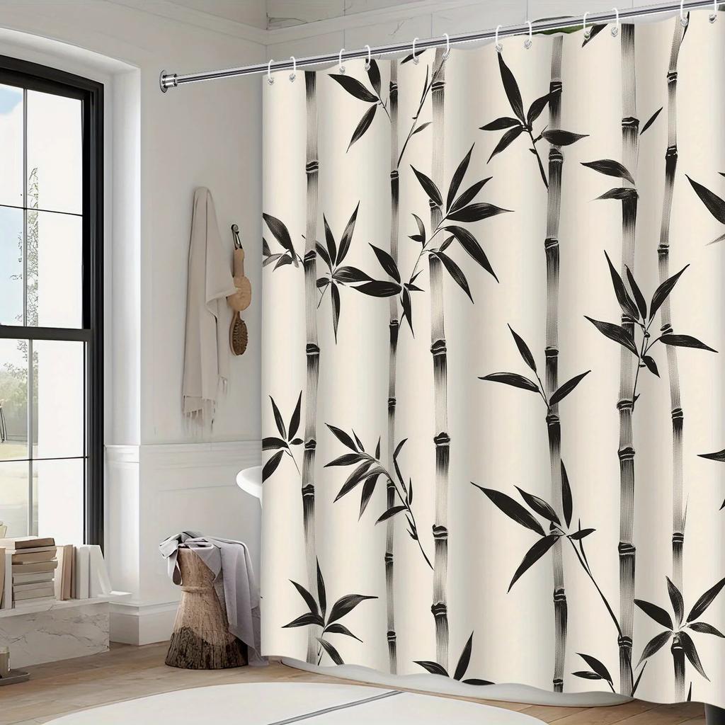 Minimalist Black Bamboo Shower Curtain - Cream Background, Modern Clean Design, Polyester,  12 Hooks, Machine Washable