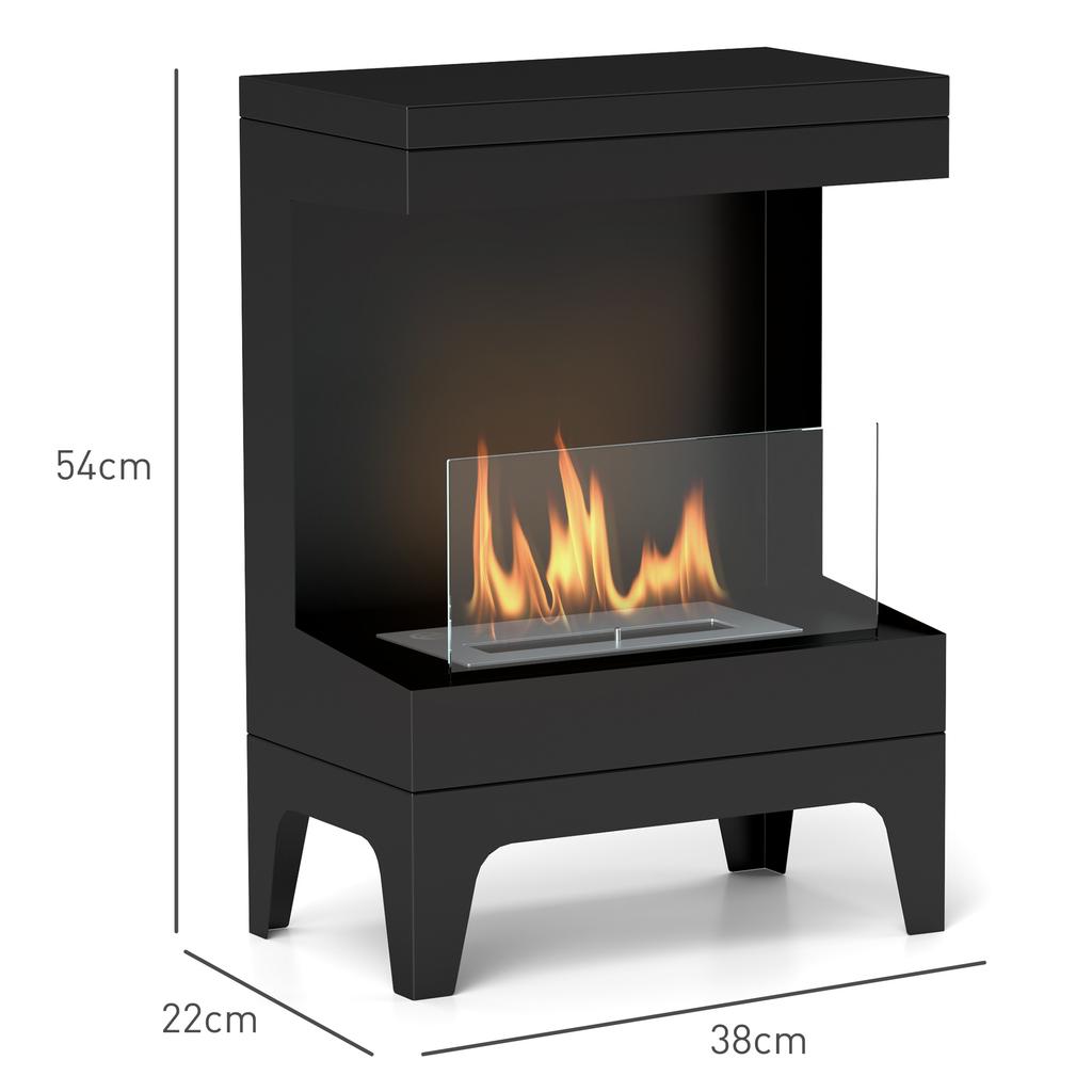 Freestanding Bioethanol Fireplace with 0.9L Burner and 3.3 Hour Burn Time, 38x22x54 cm, Black