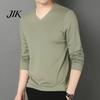 Spring Top Men Fall V Neck Long Sleeves Pure Color Autumn Clothes Slim Fit Thin Pullover T-shirt Daily Wear Sport Homewear