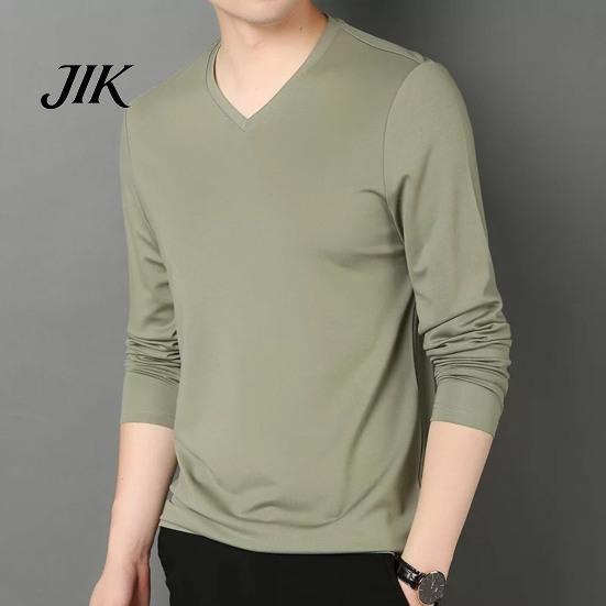 Spring Top Men Fall V Neck Long Sleeves Pure Color Autumn Clothes Slim Fit Thin Pullover T-shirt Daily Wear Sport Homewear
