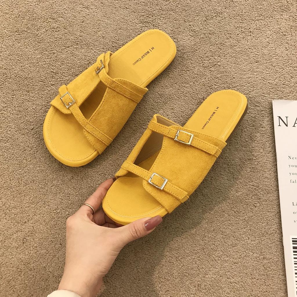 Fashion Vintage Flat Slippers French Women Summer Round Toe Open-toe Metal Buckle Vacation New Soft-soled Seaside Sandals