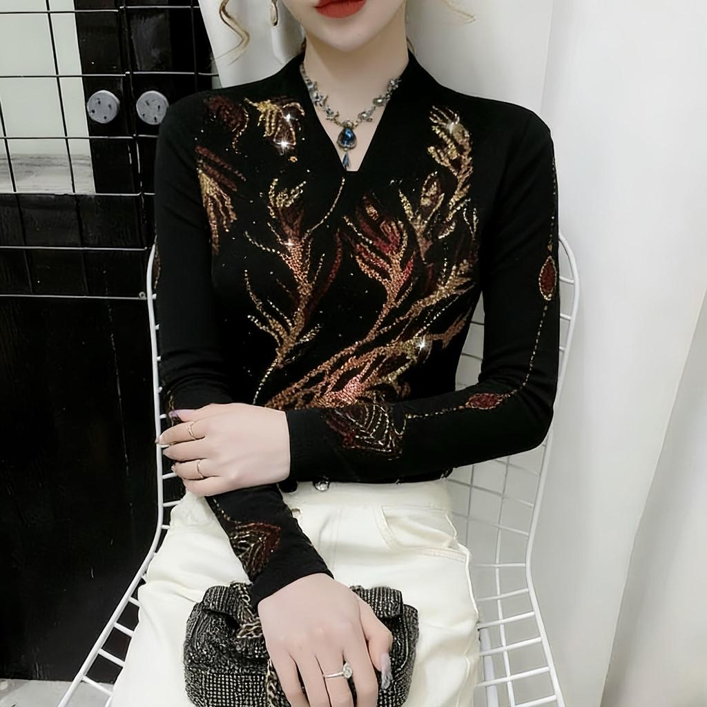 De Rong Women's Elegant V-Neck Long Sleeve Shirt with Hot-Drilled Details - Autumn/Winter Collection
