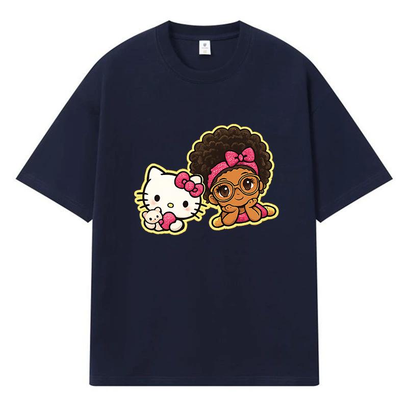2026 Hello Kitty and Girl Printed Graphic Y2k Harajuku Streetwear 100% Cotton T Shirt Casual Oversized Summer Men T-shirt