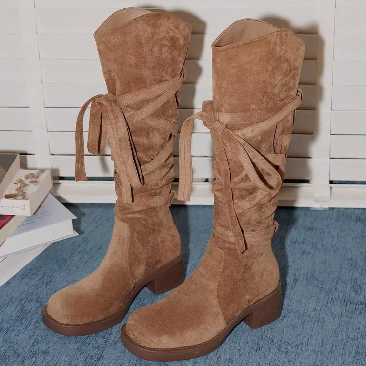 Soft leather French retro style strap medium and high knight boots for women 2025 new fashion inner height increase versatile boots for women