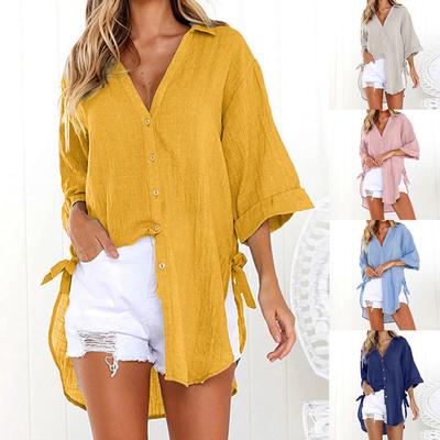 Camicia casual da donna con risvolto con bottoni e lacci Camicia a maniche lunghe annodata sul lato largo