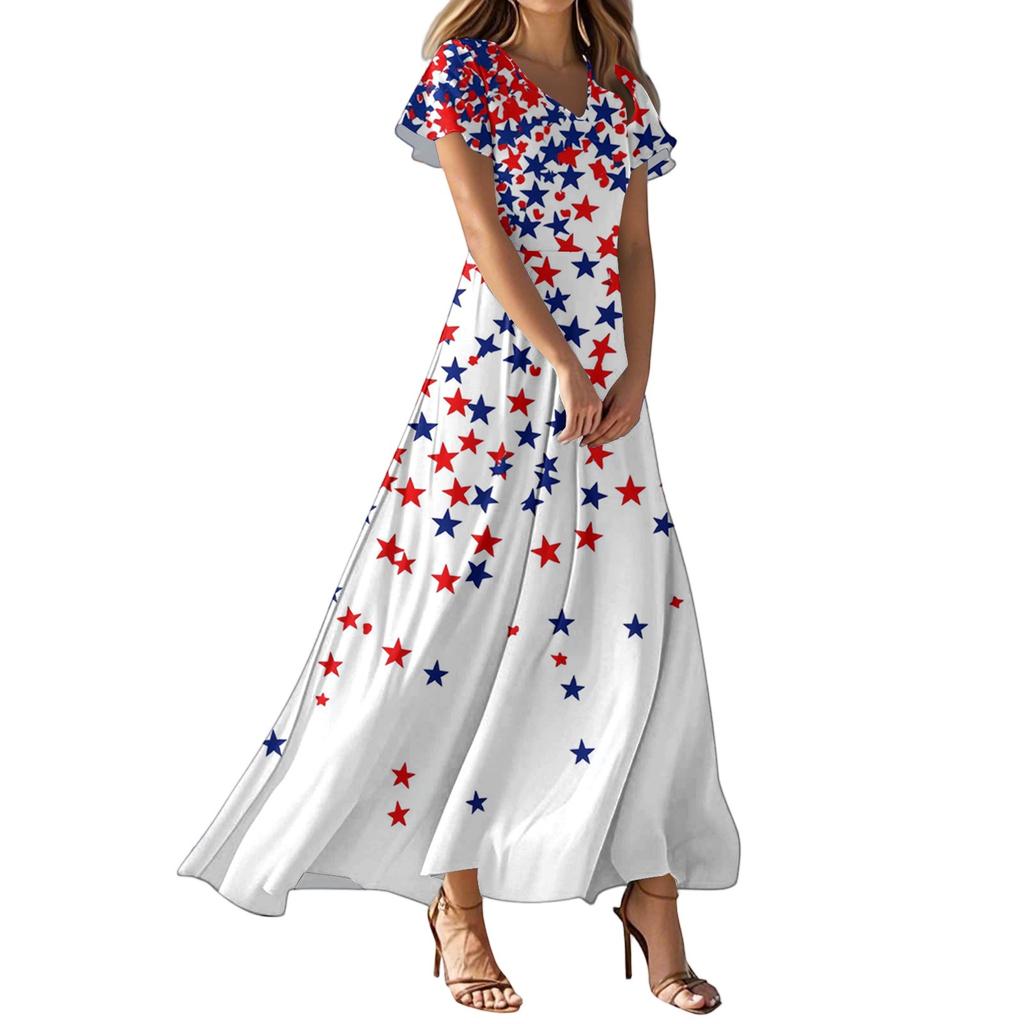 Women's Casual Fashion Print Long Dresses V-Neck Short Sleeve Dresses