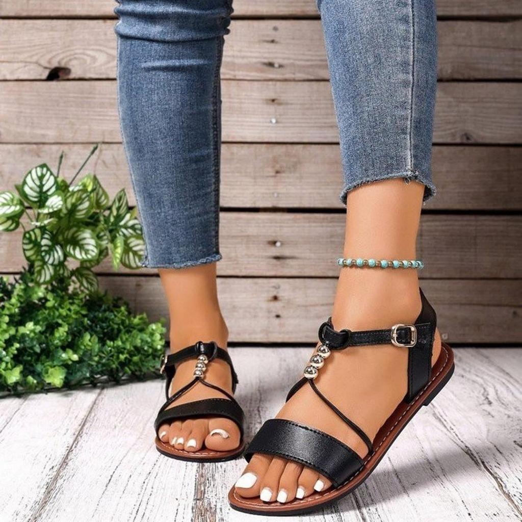Flat Bottomed Flat Buckle with Rhinestone Fish Mouth Casual Sandals